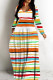 Stripe Casual Print Basic V Neck Long Dresses