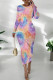 Pink Casual Print Patchwork O Neck Wrapped Skirt Dresses
