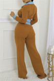 Brown Casual Patchwork Contrast Turndown Collar Long Sleeve Two Pieces
