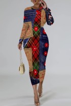 Red Green Casual Print Patchwork Long Sleeve Dresses
