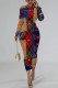 Red Green Casual Print Patchwork Long Sleeve Dresses