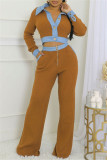Brown Casual Patchwork Contrast Turndown Collar Long Sleeve Two Pieces