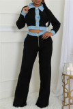Brown Casual Patchwork Contrast Turndown Collar Long Sleeve Two Pieces