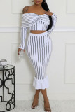 Red Casual Stripe Patchwork Zipper Off Shoulder Long Sleeve Two Pieces