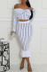White Casual Stripe Patchwork Zipper Off Shoulder Long Sleeve Two Pieces