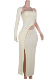 Apricot Casual Solid Color Hollow Out Patchwork Slit Asymmetrical Collar Long Dresses