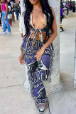 Blue Casual Print Fringed Trim Patchwork Regular Mid Waist Conventional Patchwork Bottoms
