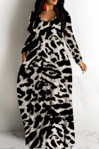 Black Gray Casual Print Basic V Neck Long Dresses