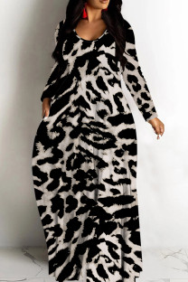 Black Gray Casual Print Basic V Neck Long Dresses