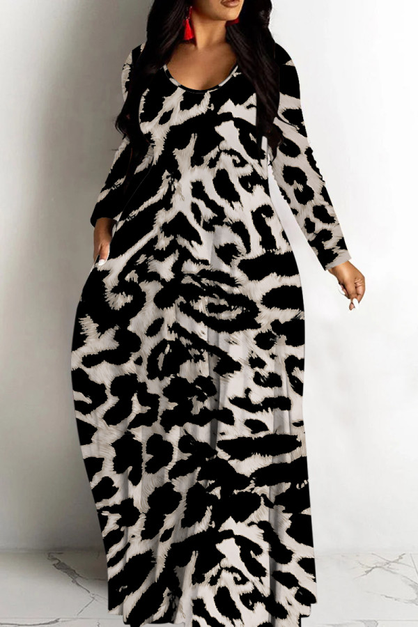 Black Gray Casual Print Basic V Neck Long Dresses