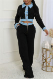 Brown Casual Patchwork Contrast Turndown Collar Long Sleeve Two Pieces