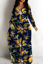 Tibetan Blue Casual Print Basic V Neck Long Dresses