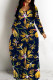 Tibetan Blue Casual Print Basic V Neck Long Dresses