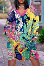 Colour Casual Street Colorblock Geometric Print Pocket Contrast V Neck Printed Plus Size Dresses