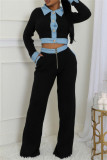 Brown Casual Patchwork Contrast Turndown Collar Long Sleeve Two Pieces