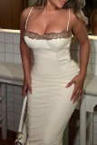 White Sexy Solid Color Lace Patchwork Slit Spaghetti Strap Sling Dresses