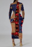 Red Casual Print Patchwork Long Sleeve Dresses