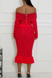 Red Casual Stripe Patchwork Zipper Off Shoulder Long Sleeve Two Pieces