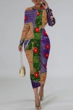 Red Casual Print Patchwork Long Sleeve Dresses