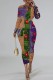 Green Casual Print Patchwork Long Sleeve Dresses