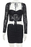 Black Sexy Solid Color Hollow Out Patchwork Square Neck Long Sleeve Two Pieces