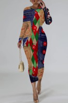 Green Red Casual Print Patchwork Long Sleeve Dresses