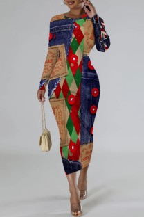 Green Red Casual Print Patchwork Long Sleeve Dresses