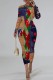 Green Red Casual Print Patchwork Long Sleeve Dresses