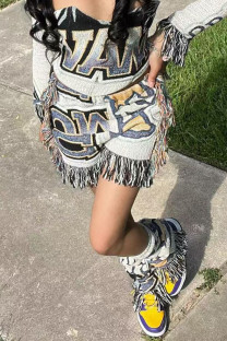 White Casual Print Fringed Trim Patchwork Straight Mid Waist Patchwork Bottoms