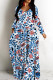 White Blue Casual Print Basic V Neck Long Dresses