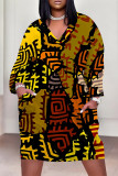 Blue Casual Street Colorblock Geometric Print Pocket Contrast V Neck Printed Plus Size Dresses