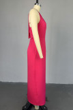 Deep Pink Elegant Solid Color Patchwork Backless Slit Halter Long Dresses