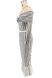 Red Casual Stripe Patchwork Zipper Off Shoulder Long Sleeve Two Pieces
