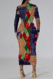 Red Casual Print Patchwork Long Sleeve Dresses