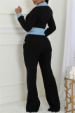 Brown Casual Patchwork Contrast Turndown Collar Long Sleeve Two Pieces
