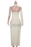 Apricot Casual Solid Color Hollow Out Patchwork Slit Asymmetrical Collar Long Dresses