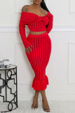 Red Casual Stripe Patchwork Zipper Off Shoulder Long Sleeve Two Pieces