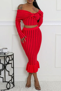 Red Casual Stripe Patchwork Zipper Off Shoulder Long Sleeve Two Pieces