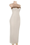 White Sexy Solid Color Lace Patchwork Slit Spaghetti Strap Sling Dresses