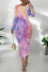 Fuchsia Casual Print Patchwork O Neck Wrapped Skirt Dresses