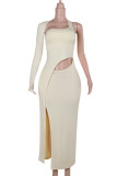 Apricot Casual Solid Color Hollow Out Patchwork Slit Asymmetrical Collar Long Dresses