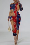 Red Casual Print Patchwork Long Sleeve Dresses