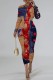 Red Khaki Casual Print Patchwork Long Sleeve Dresses