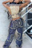 Blue Casual Print Fringed Trim Patchwork Regular Mid Waist Conventional Patchwork Bottoms