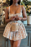 White Sexy Print Patchwork Backless Spaghetti Strap Sling Dresses
