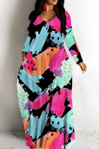 Black Casual Print Basic V Neck Long Dresses