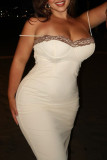 White Sexy Solid Color Lace Patchwork Slit Spaghetti Strap Sling Dresses