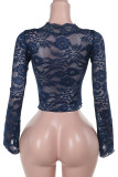 Blue Sexy Solid Color Lace Patchwork V Neck Tops