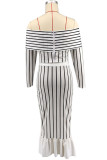 Red Casual Stripe Patchwork Zipper Off Shoulder Long Sleeve Two Pieces