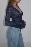 Blue Sexy Solid Color Lace Patchwork V Neck Tops